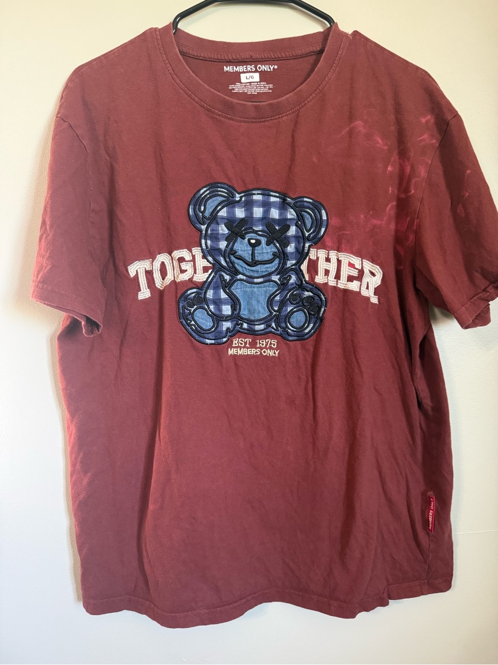 Members Only Burgundy Tee with Blue Plaid Bear Patch